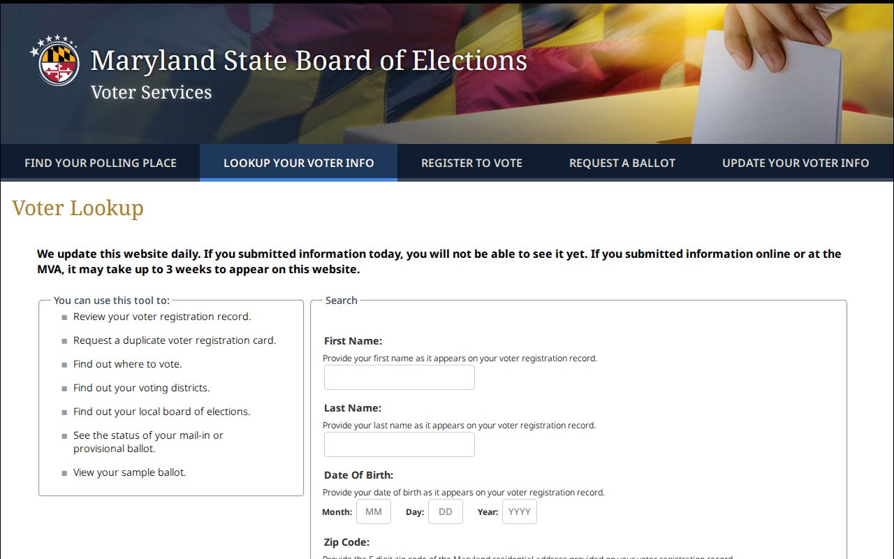 Camp Springs voter registration records lookup on the Maryland election website